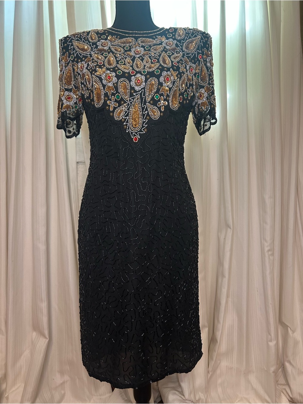 Embellished Black Cocktail Dress with Gold & Multicolor Beadwork